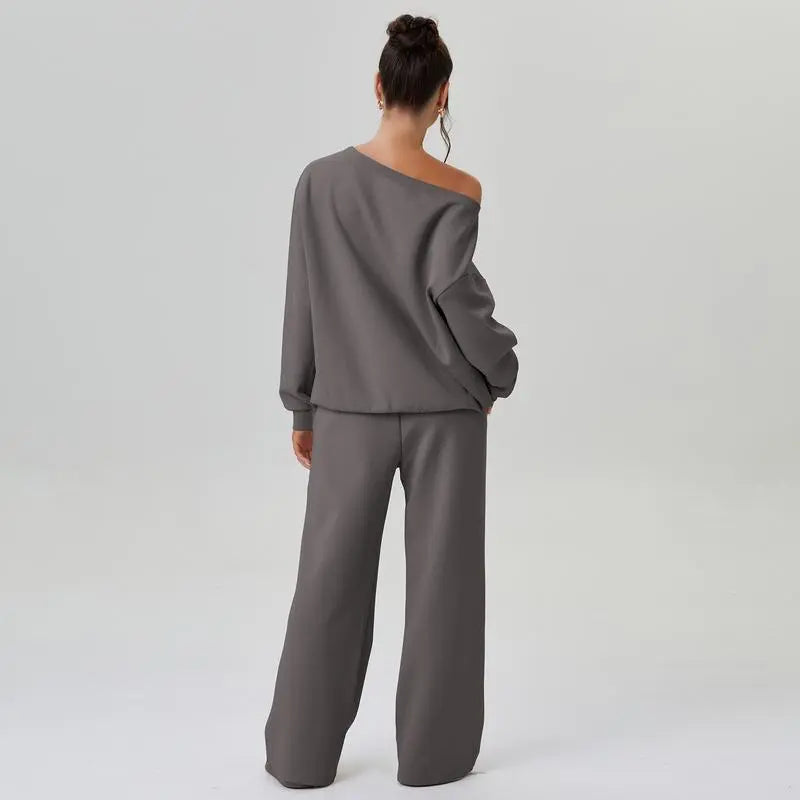 Women's Leisure Solid Color Sloping Shoulder Long Sleeve Top & Wide-Leg Trousers Set