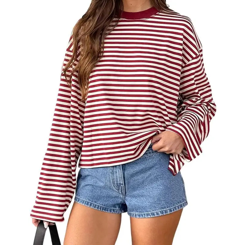Women Long Sleeve Crew Neck Loose Striped T Shirt