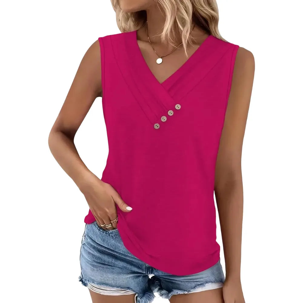Women Summer Button Down V Neck T Shirts Sleeveless Loose Fit Fashion Tops