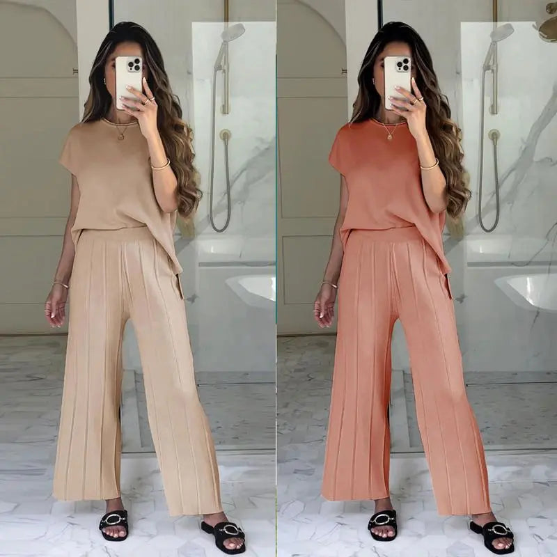 Women's Knit Pullover Tops High Waisted Pants Set