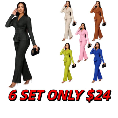 Women's Elegant V Neck Long Sleeve T-Shirt And Wide Leg Pants Two Piece Set