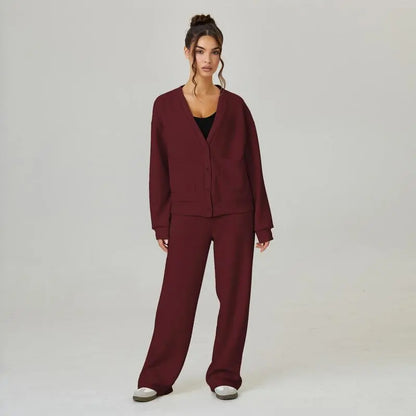 Women's Slouchy Solid Color V Neck Long Sleeve Button Cardigan & Drawstring Waist Trousers Co-ord