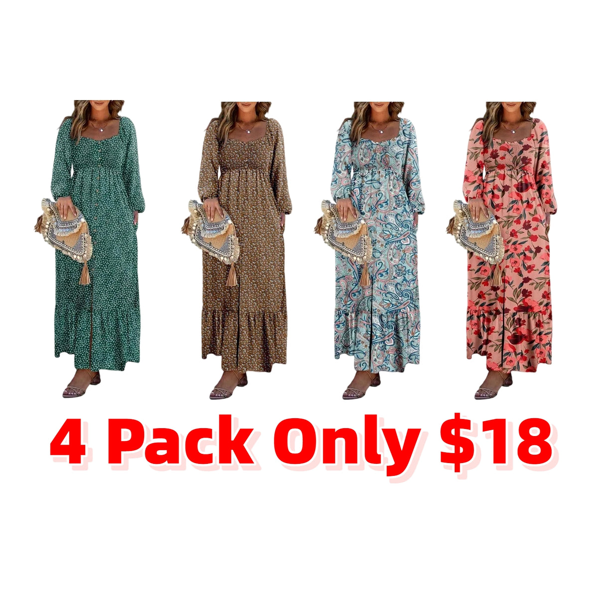 Women’s Long Sleeve Boho Dress – Square Neck & Button Detail