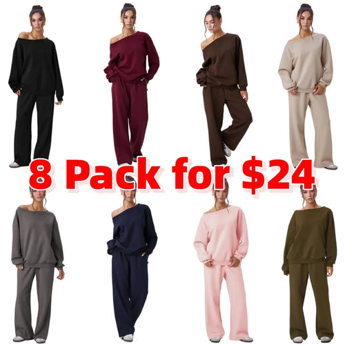 Women's Leisure Solid Color Sloping Shoulder Long Sleeve Top & Wide-Leg Trousers Set