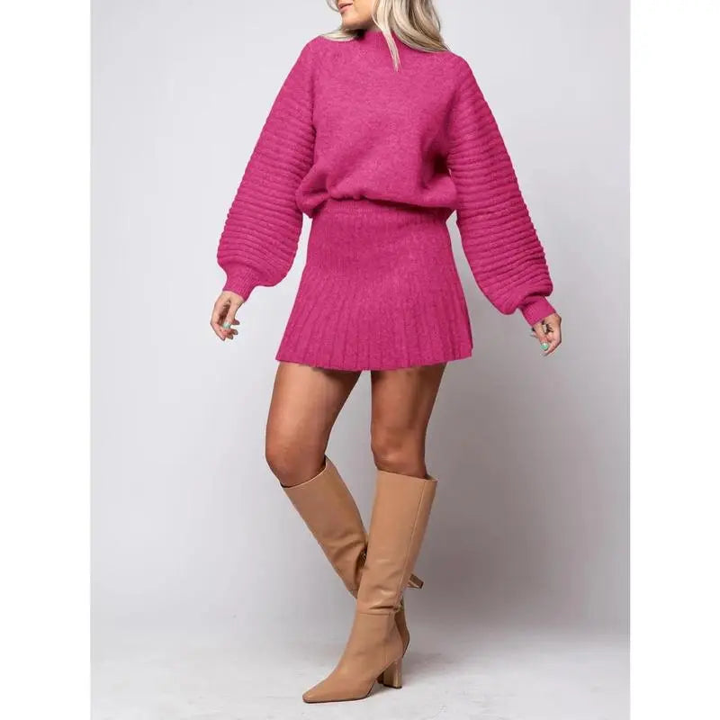 Women's 2 Piece Outfits 2025 Long Sleeve Mock Neck Ribbed Sweaters And Mini Skirt Two Piece Sets