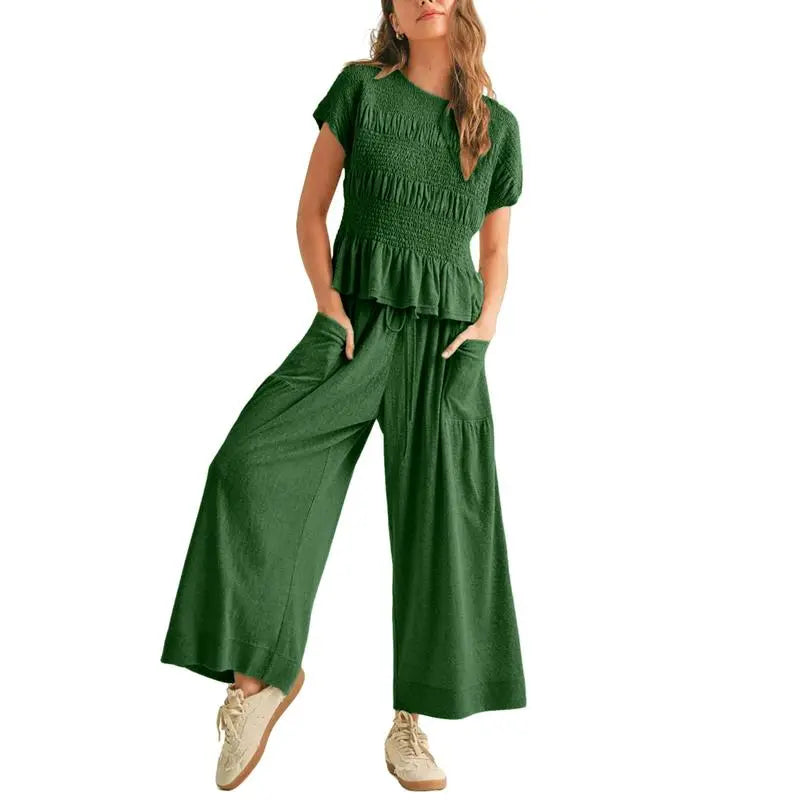 ✨Women’s 2-Piece Smocked Top & Wide-Leg Pants Casual Boho Matching Set🔥