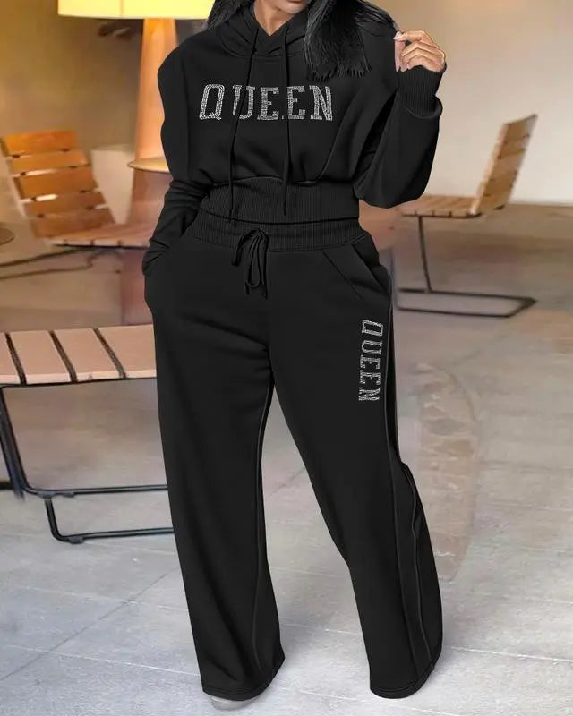 Hooded Long Sleeve Sweatshirt and Casual Wide Leg Sweatpants Set
