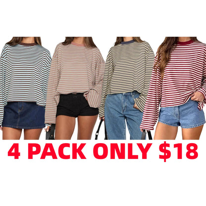 Women Long Sleeve Crew Neck Loose Striped T Shirt