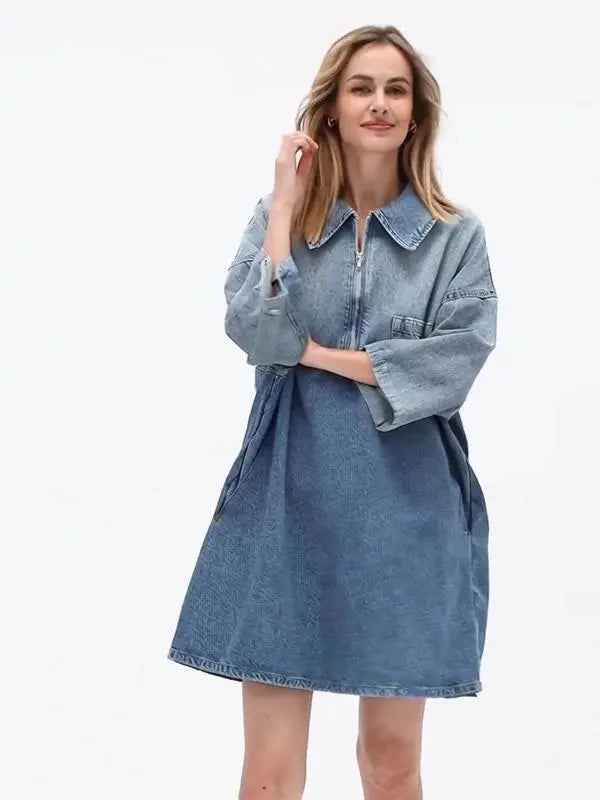 Women's Denim Dress Half-Zip Collared Vintage Washed Blue Loose Fit Long Sleeve