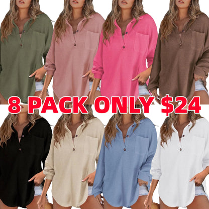 Women's Oversized Henley Waffle Shirts Tops