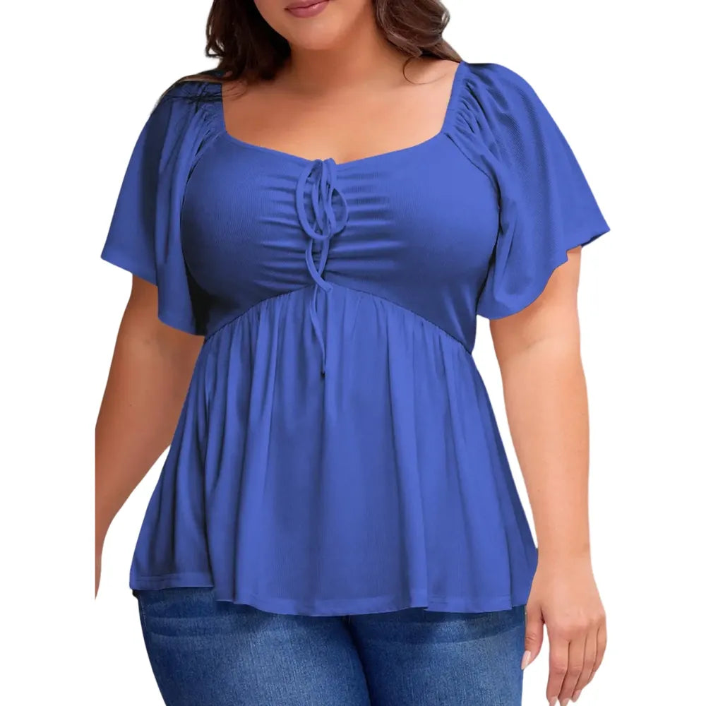Women's Large-Sized Heart-Shaped Collar Short-Sleeved Ruffled Blouse