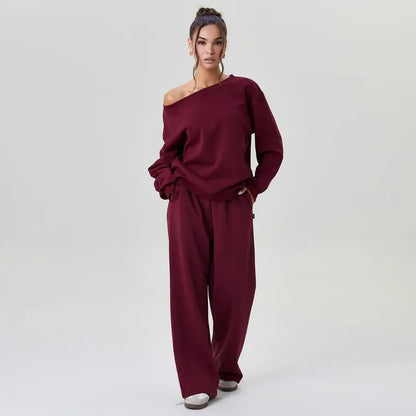 Women's Leisure Solid Color Sloping Shoulder Long Sleeve Top & Wide-Leg Trousers Set
