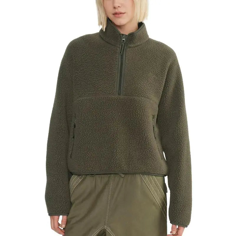 Women’s Fleece Cropped Pullover – Half Zip Sherpa Jacket with Pockets