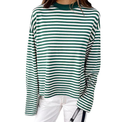 Women Long Sleeve Crew Neck Loose Striped T Shirt