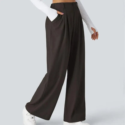 High Waisted Plicated Side Pocket Wide Waffle Work Pants