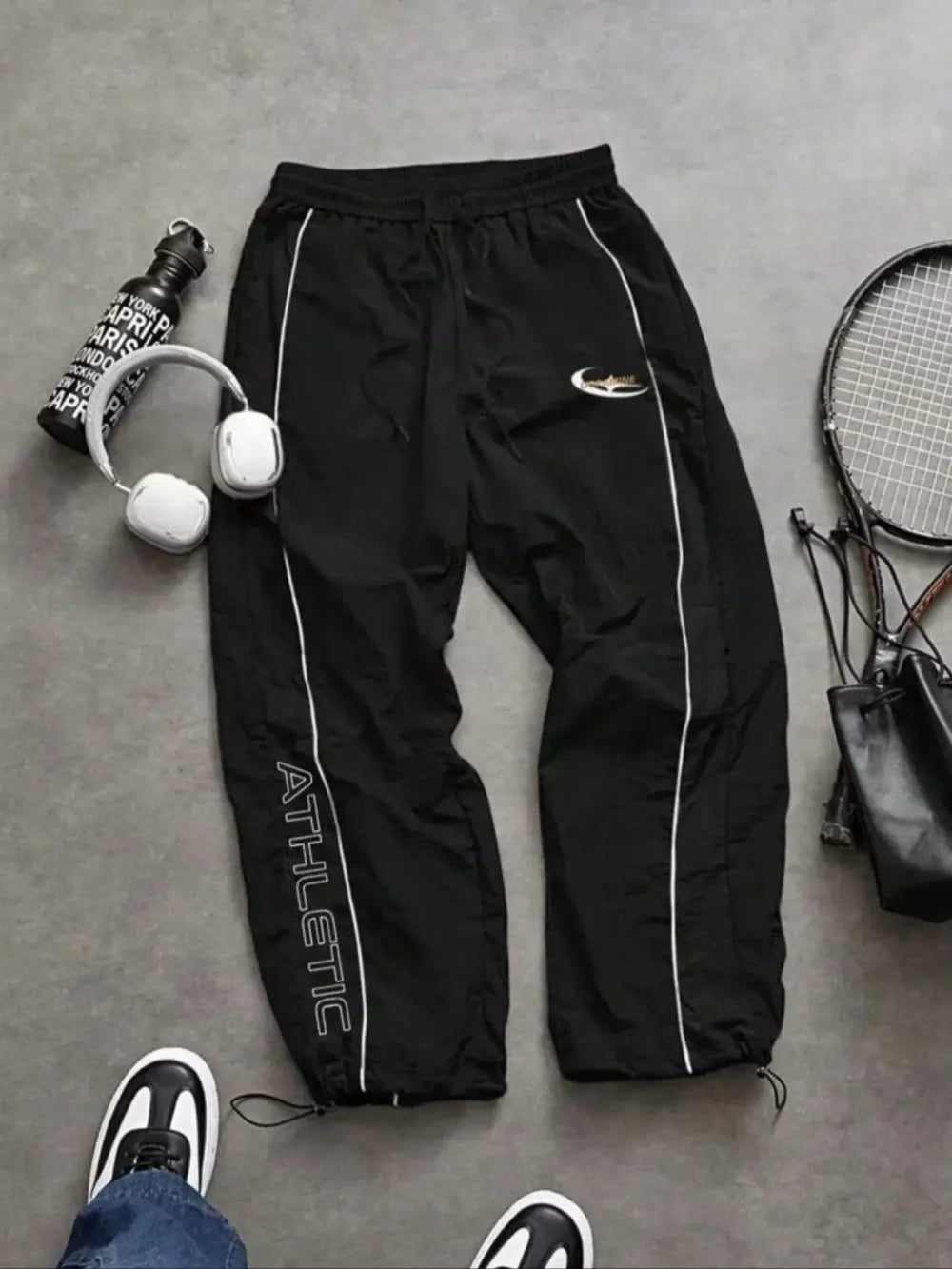 Men's Casual Sporty Long Pants, Loose Fit Drawstring Cuff