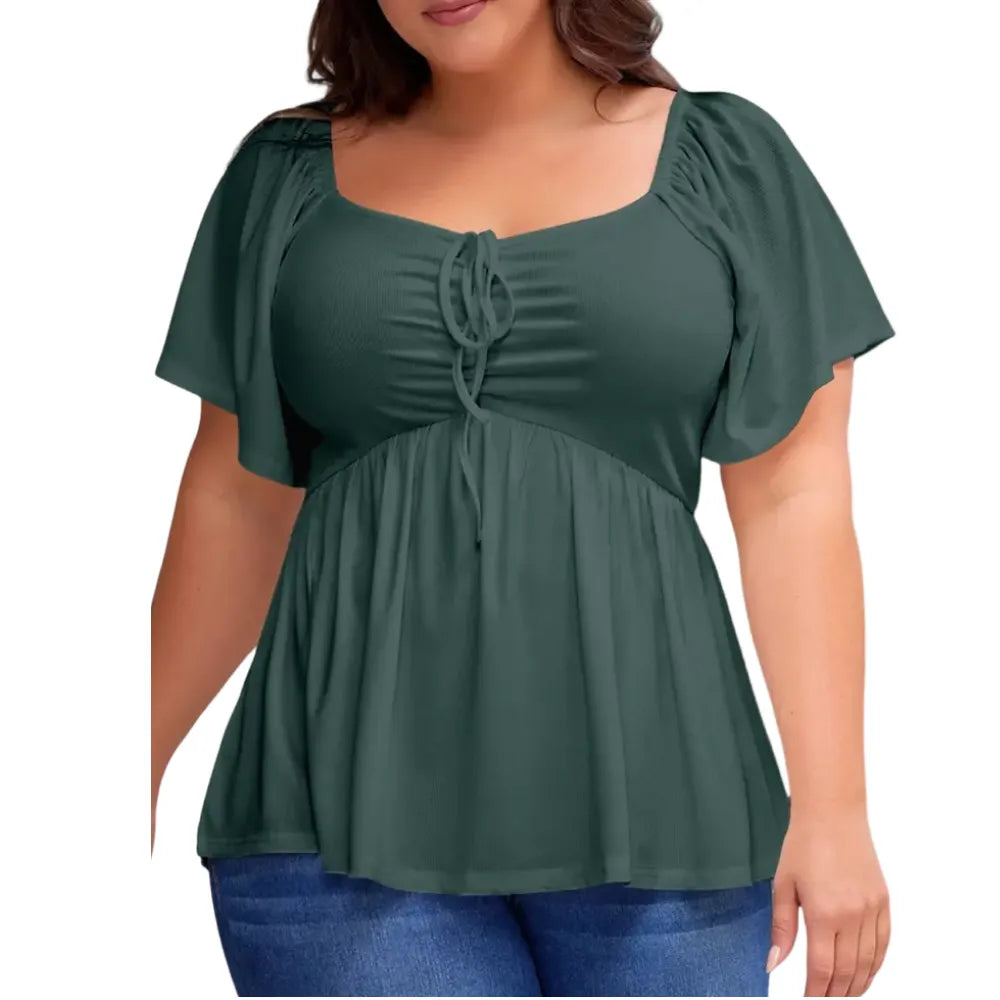 Women's Large-Sized Heart-Shaped Collar Short-Sleeved Ruffled Blouse